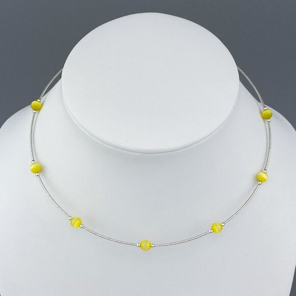 Sterling Silver Memory Wire Yellow Simulated Cat's Eye Bead Choker Necklace 16" - Picture 2 of 3